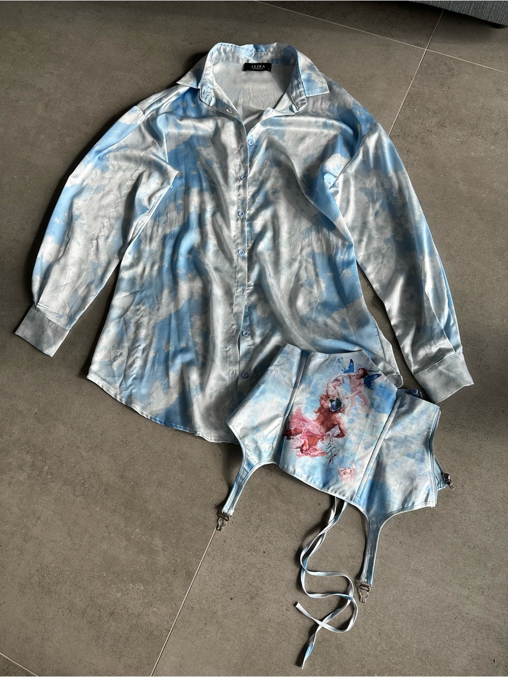 AKIRA Sky-Print Satin Corset Dress in Light Blue - Picture 9 of 17